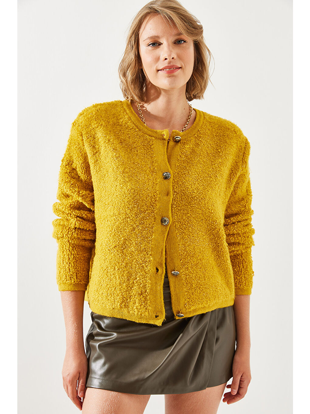 Sarı Kadın Havlu Desenli Düğmeli Hırka-4