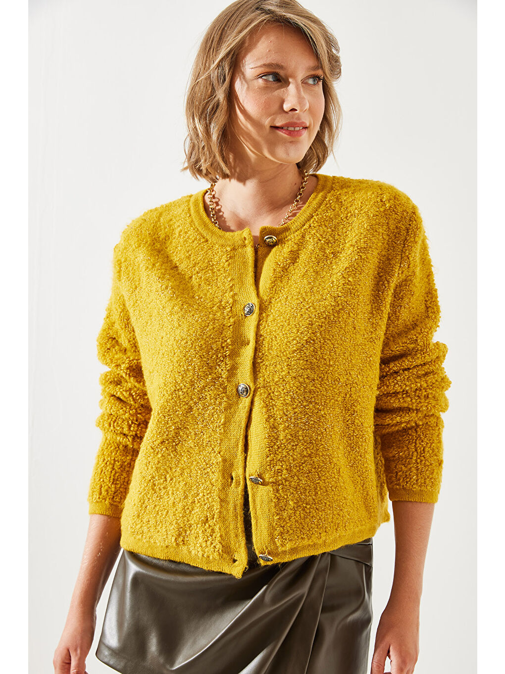 Sarı Kadın Havlu Desenli Düğmeli Hırka-5