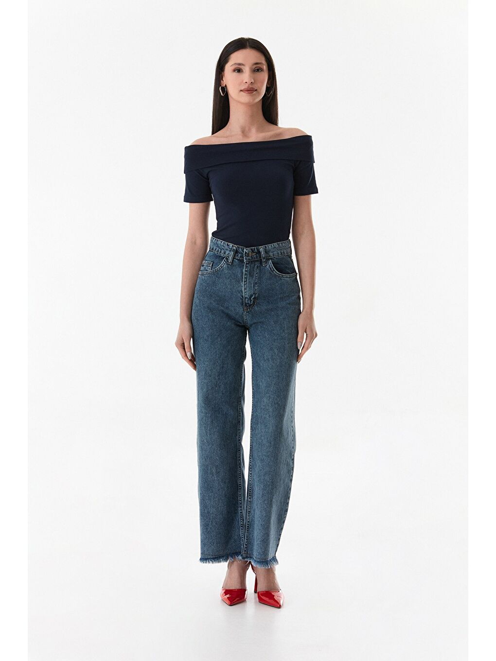 Lacivert Basic Madonna Yaka Bluz-1