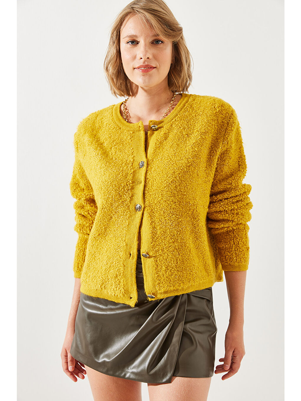 Sarı Kadın Havlu Desenli Düğmeli Hırka-6