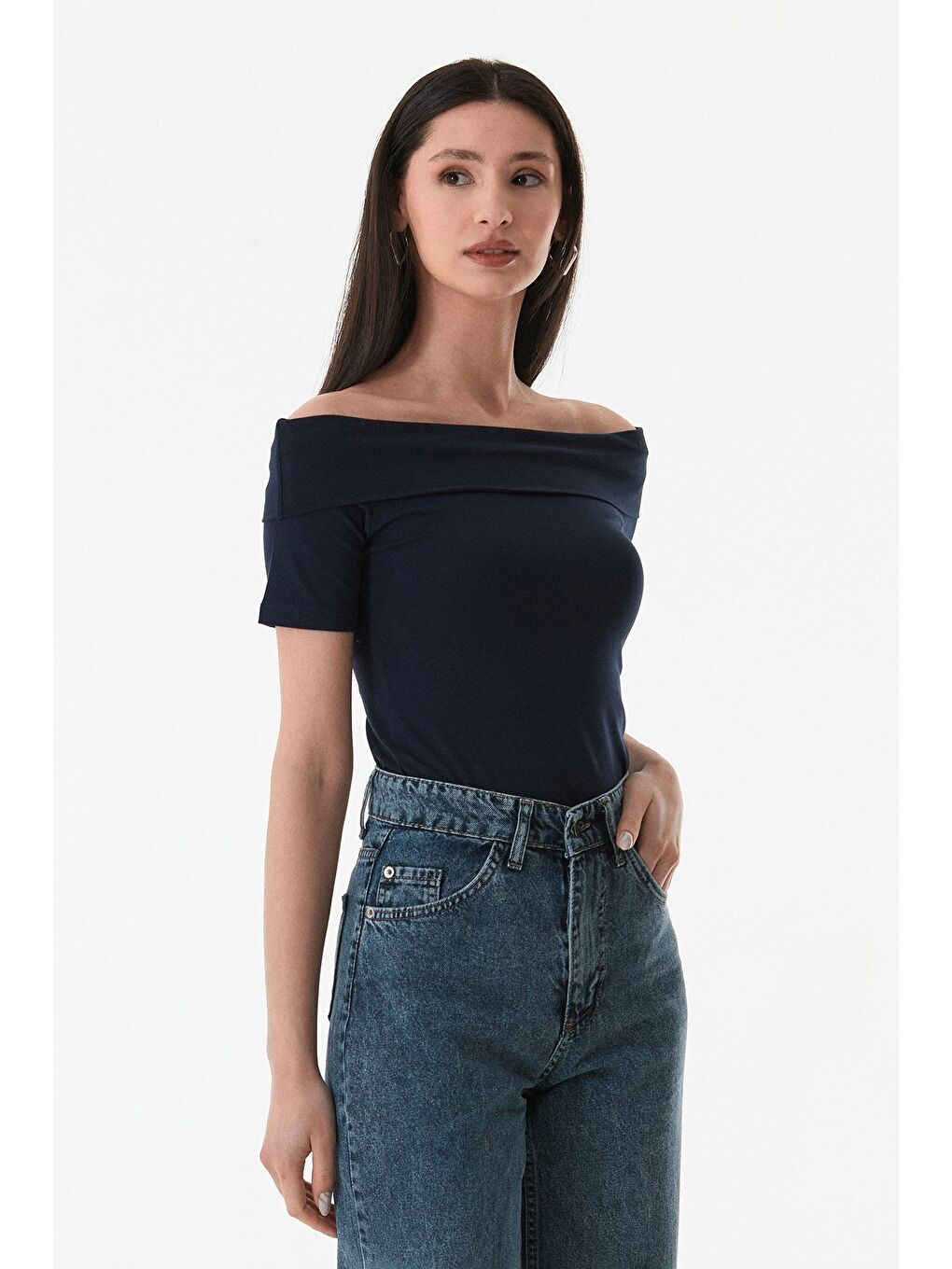 Lacivert Basic Madonna Yaka Bluz-2