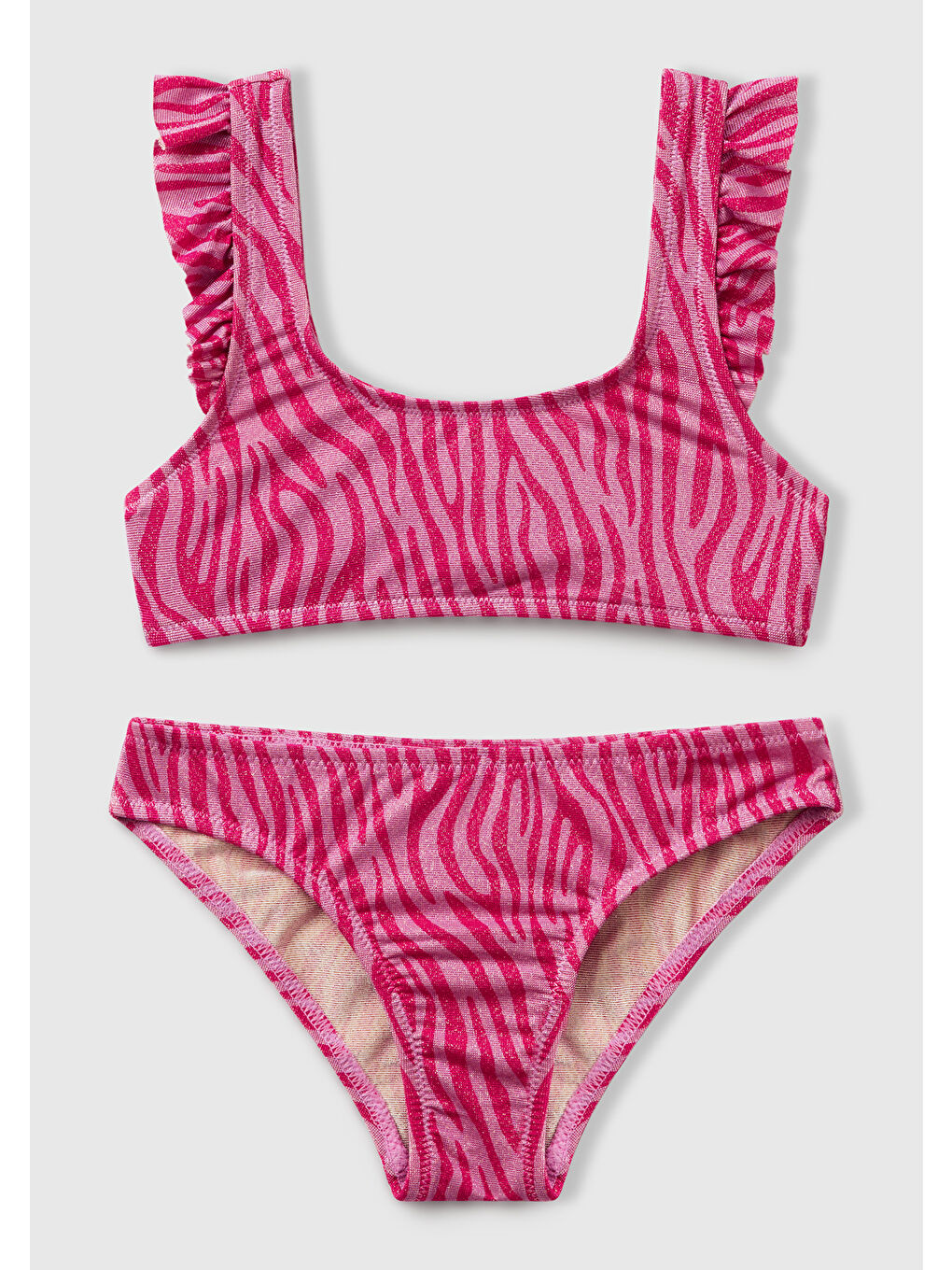 Kız Çocuk Fuşya Simli Desenli Fırfır Detaylı Askılı Bikini Takımı