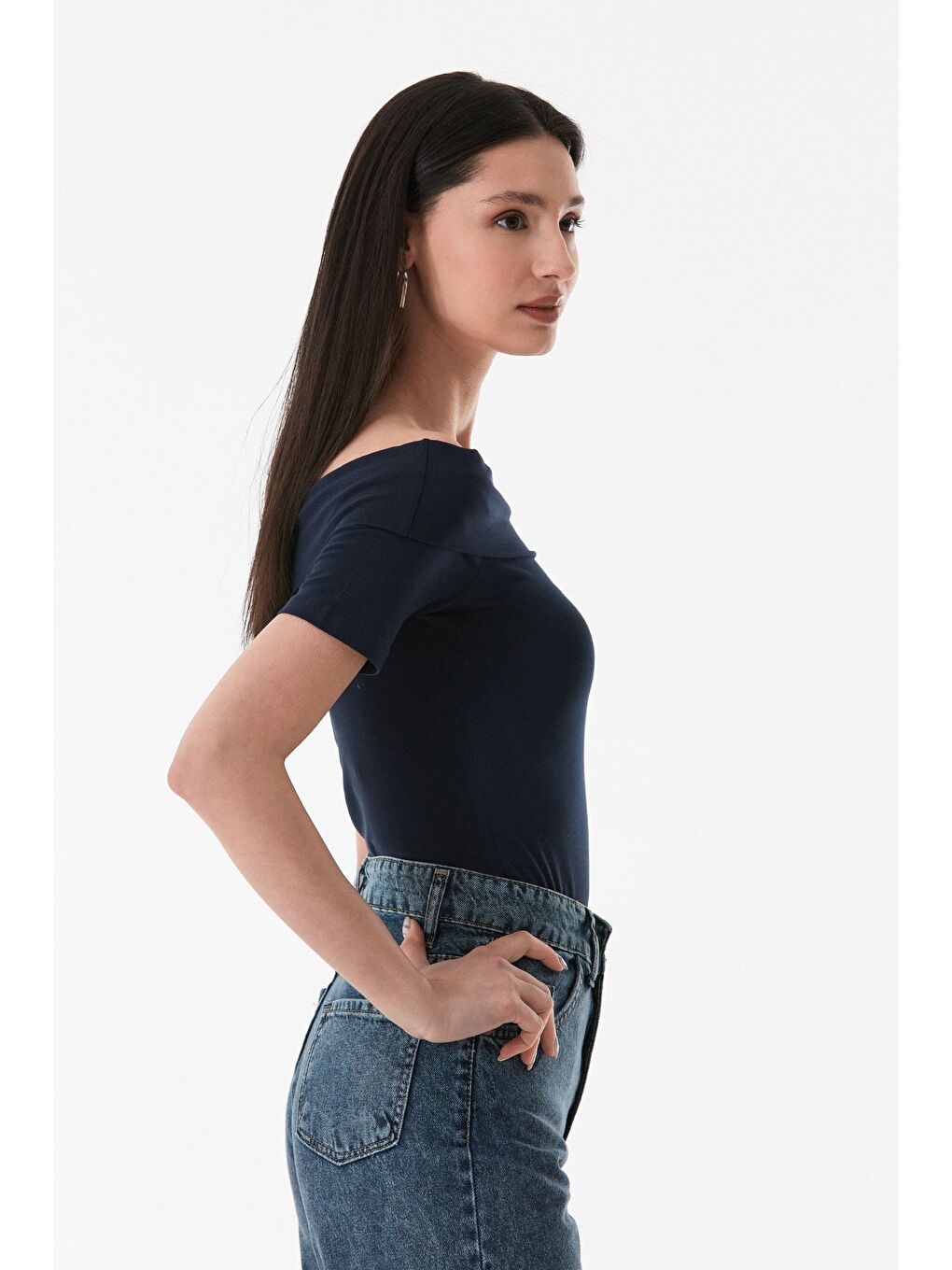 Lacivert Basic Madonna Yaka Bluz-4