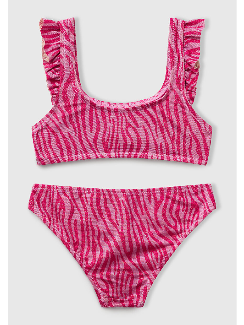 Kız Çocuk Fuşya Simli Desenli Fırfır Detaylı Askılı Bikini Takımı-1