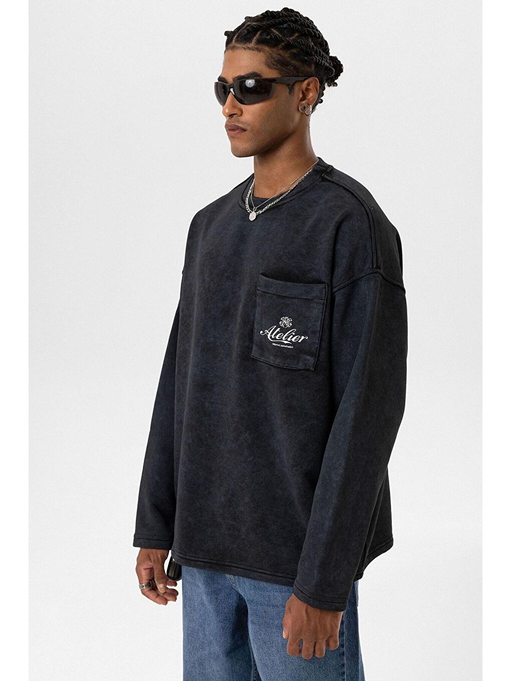Yıkamalı Oversize Cep Detaylı Sweatshirt Siyah-2