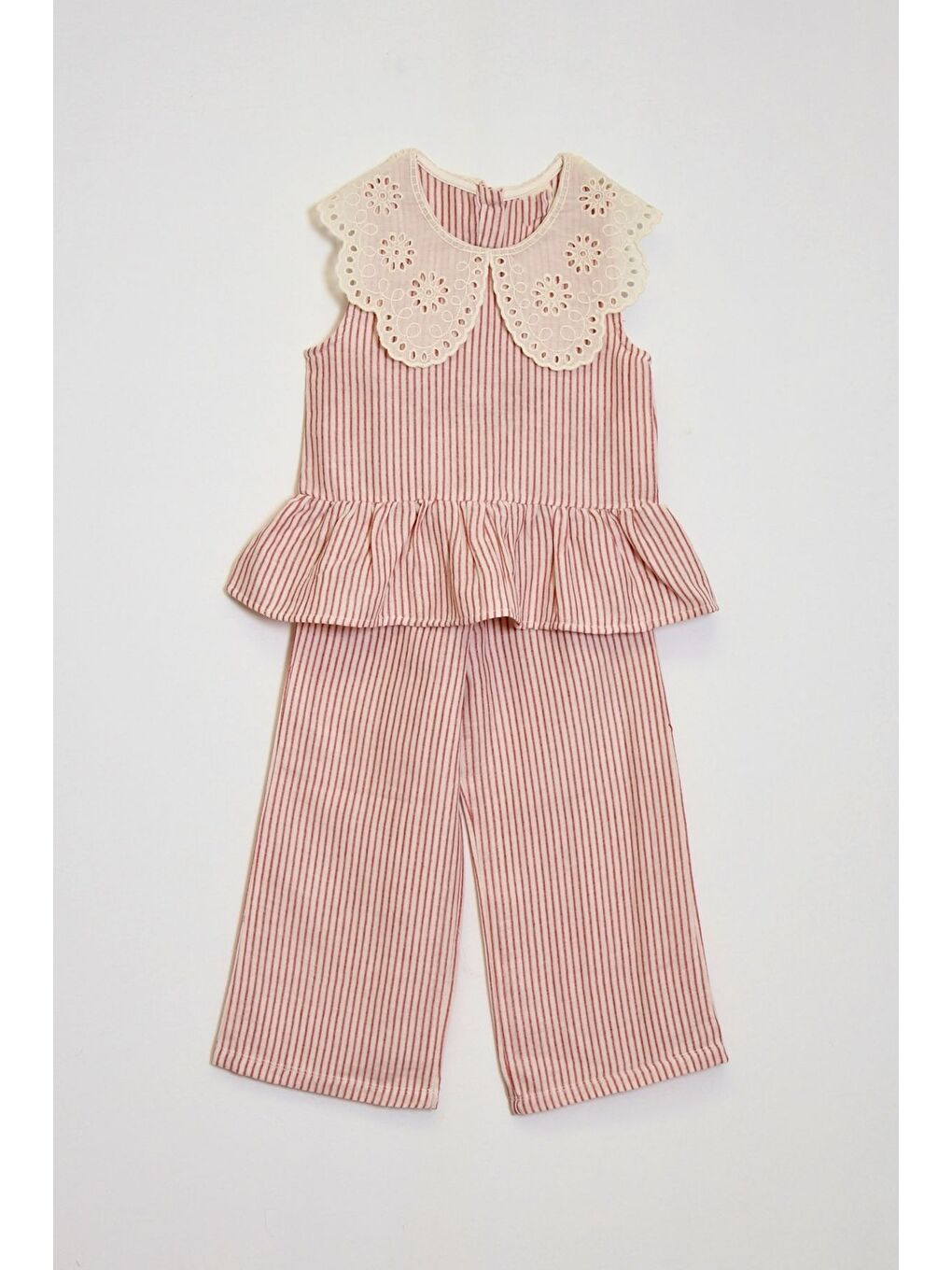 Pembe Kız Çocuk Müslin Kumaş Dantel Yakalı Takım Elbise 4-10 Yaş 12240