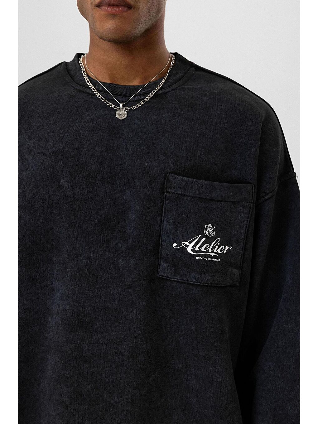 Yıkamalı Oversize Cep Detaylı Sweatshirt Siyah-4