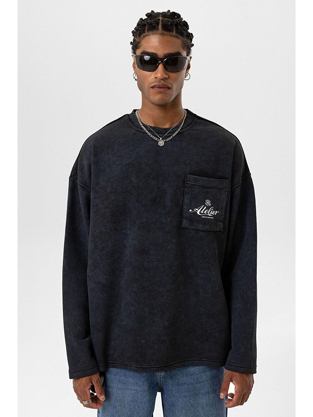 Yıkamalı Oversize Cep Detaylı Sweatshirt Siyah-5