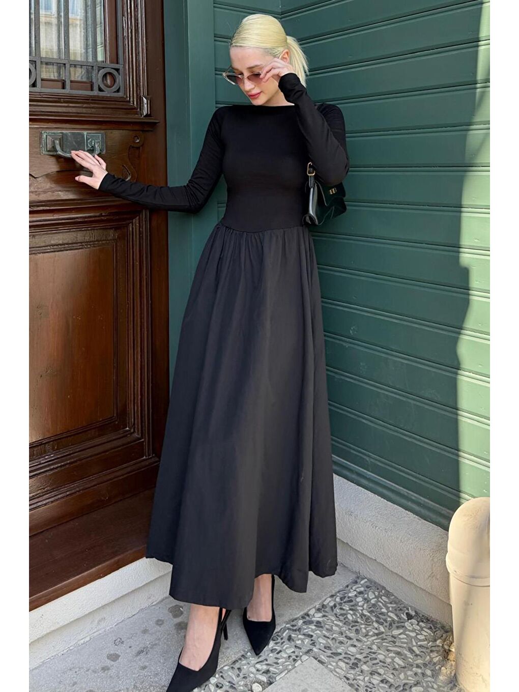 Siyah Maxi Boy %100 Pamuklu Kadın Elbise Mg2458