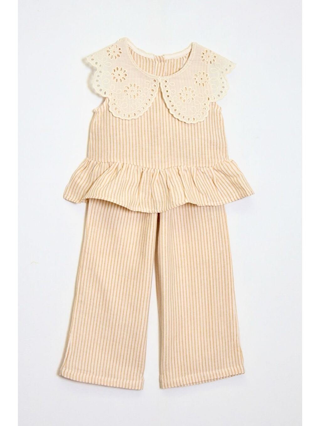 Ekru Kız Çocuk Müslin Kumaş Dantel Yakalı Takım Elbise 4-10 Yaş 12240