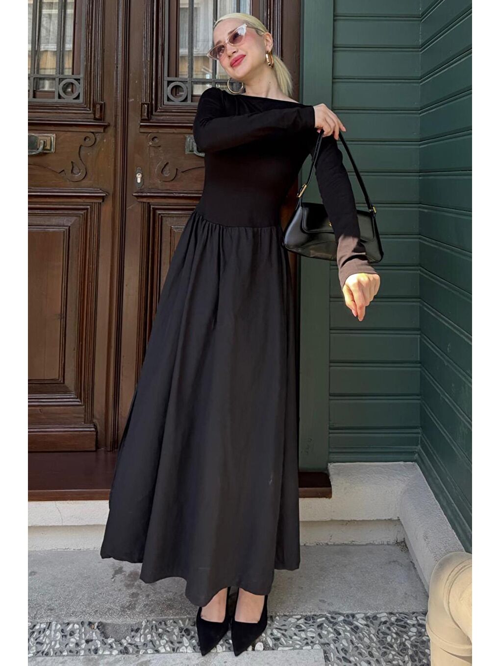 Siyah Maxi Boy %100 Pamuklu Kadın Elbise Mg2458-2