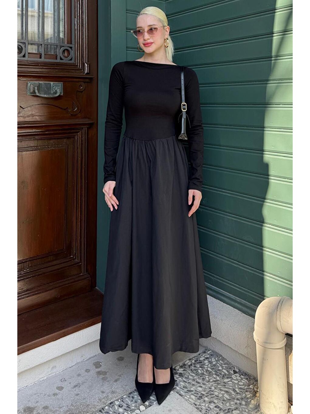 Siyah Maxi Boy %100 Pamuklu Kadın Elbise Mg2458-4