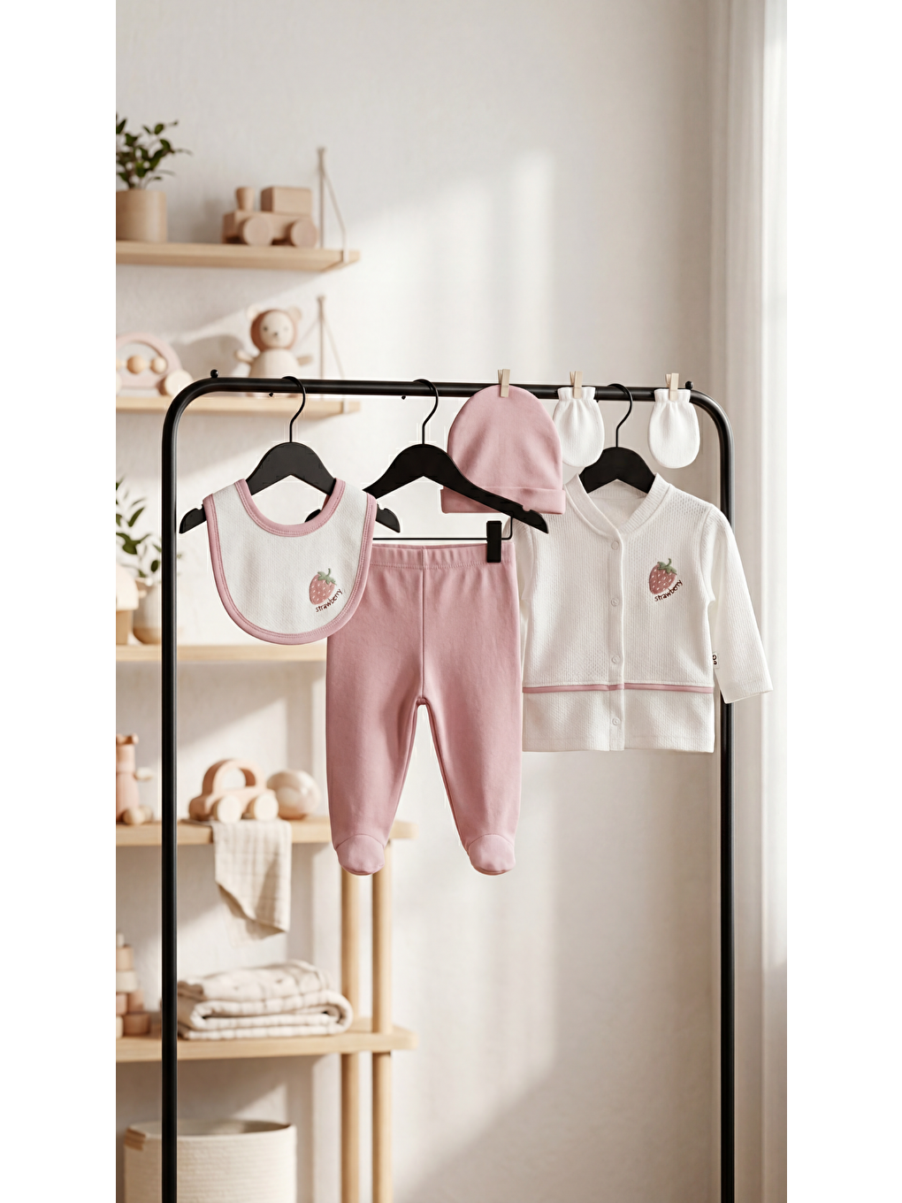 Pembe Çilek Nakışlı 5'Lı Kız Bebek Yenidoğan Takımı