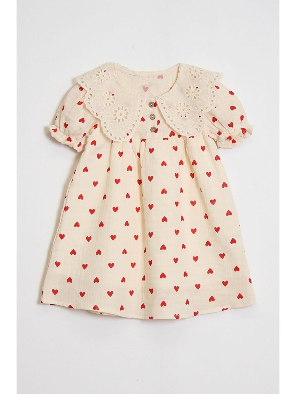 Ekru Kız Çocuk Müslin Kumaş Kalp Desenli Ve Yaka Detaylı Elbise 4-10 Yaş 12239-2