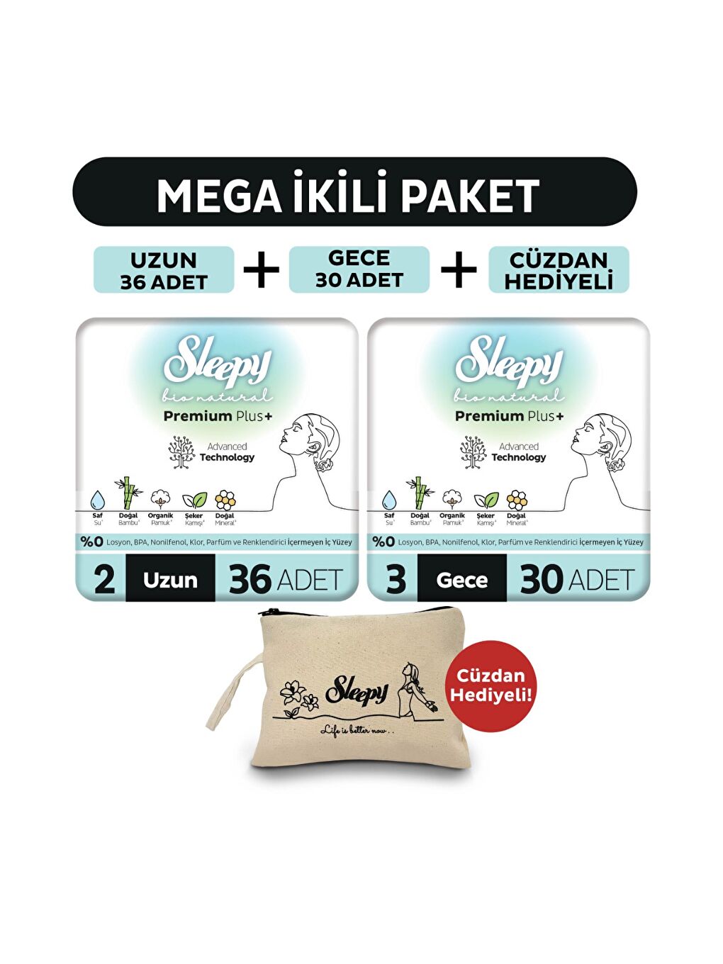 Bio Natural Premium Plus Hijyenik Ped Mega Paket Uzun 36 Adet+Gece 30 Adet+Cüzdan Hediyeli