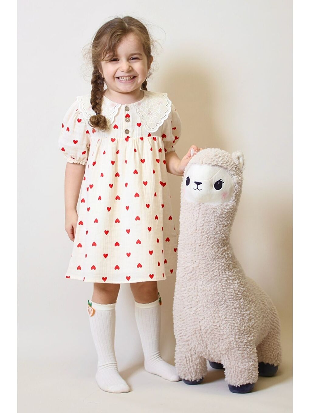 Ekru Kız Çocuk Müslin Kumaş Kalp Desenli Ve Yaka Detaylı Elbise 4-10 Yaş 12239-3