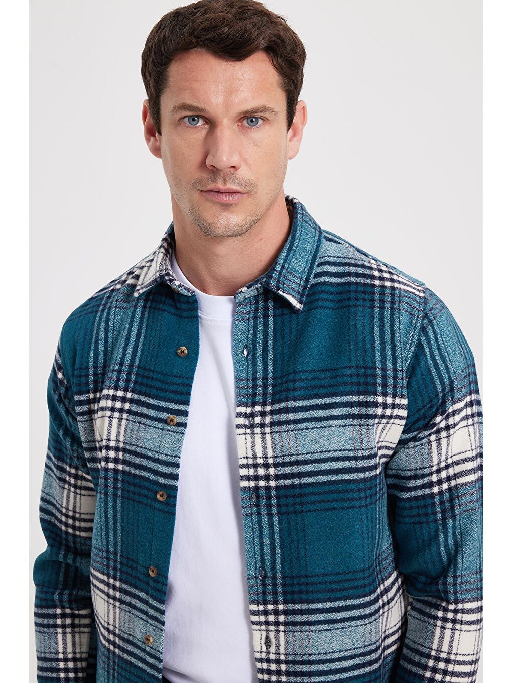 Petrol Erkek Slim Fit Dar Kesim Kareli Kışlık Oduncu Gömlek-1