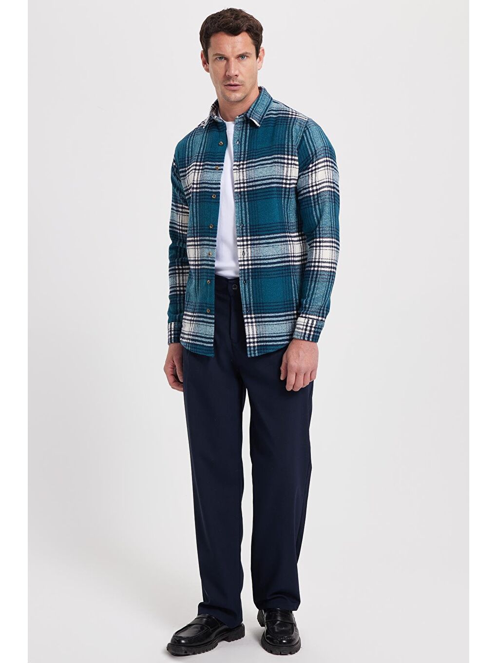 Petrol Erkek Slim Fit Dar Kesim Kareli Kışlık Oduncu Gömlek-2