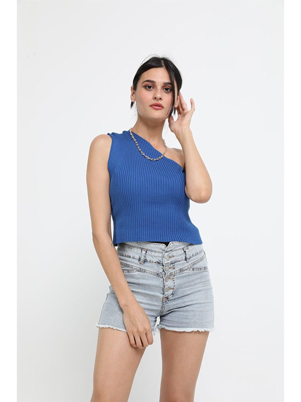 Mavi Saks Tek Omuz Triko Fitilli Atlet