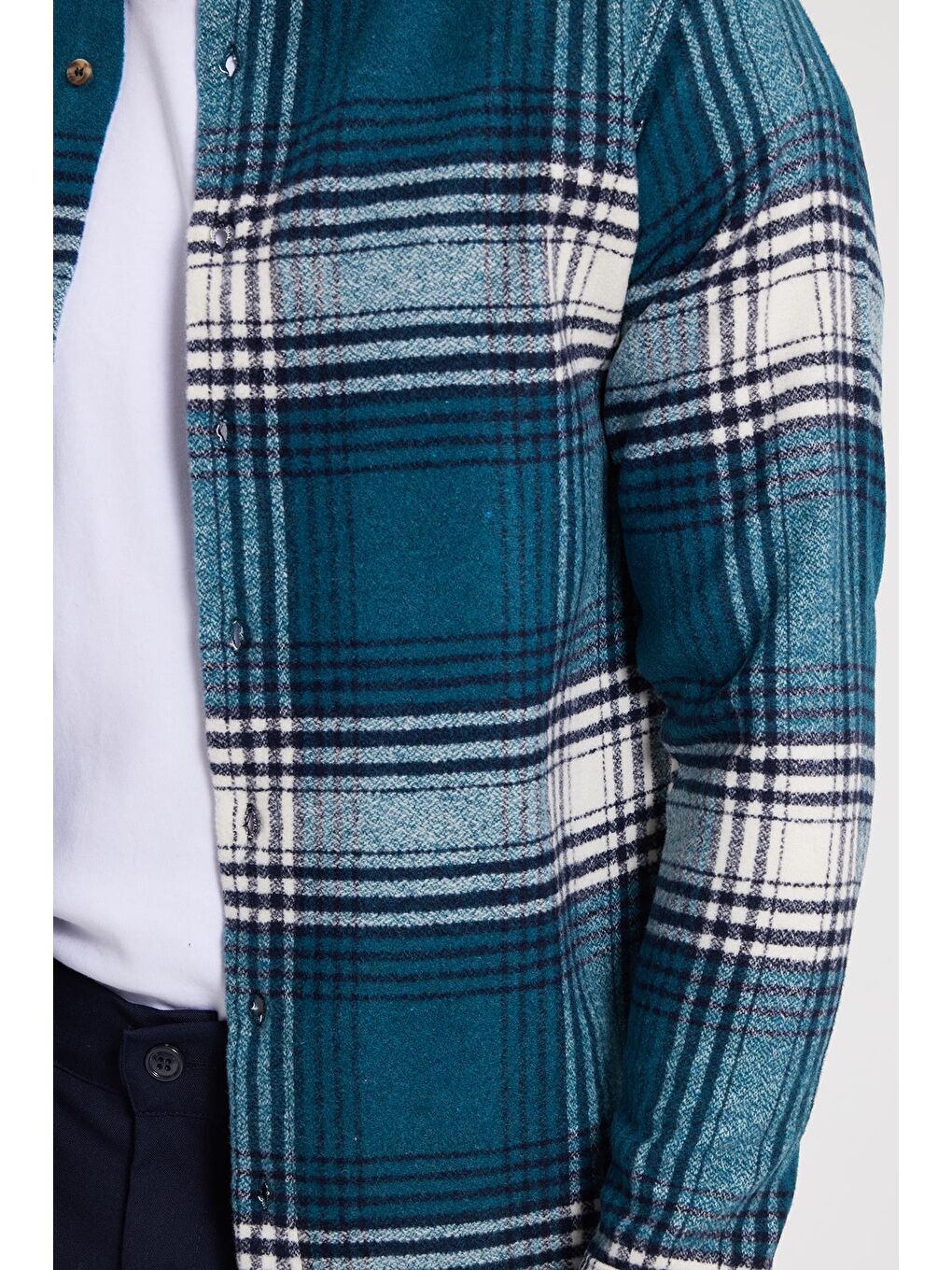 Petrol Erkek Slim Fit Dar Kesim Kareli Kışlık Oduncu Gömlek-3