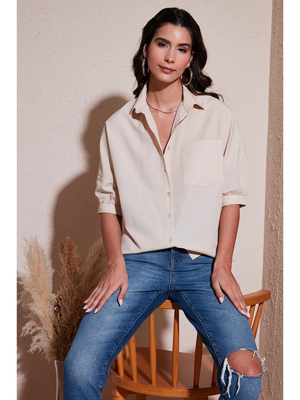 Bej Pamuklu Relaxed Fit Truvakar Kollu Gömlek 669202132S4