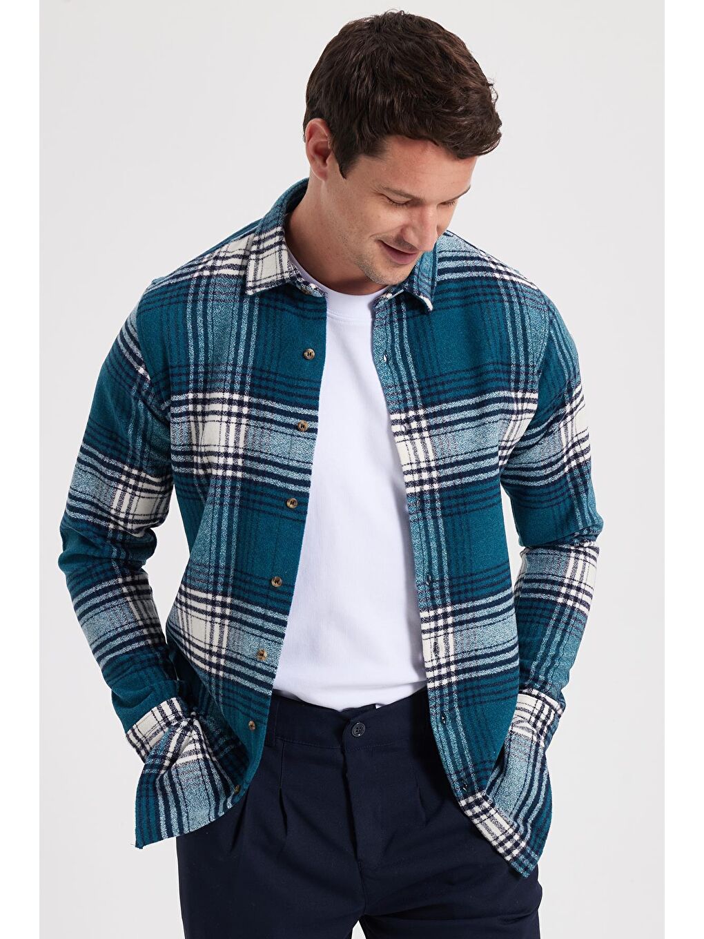 Petrol Erkek Slim Fit Dar Kesim Kareli Kışlık Oduncu Gömlek-6