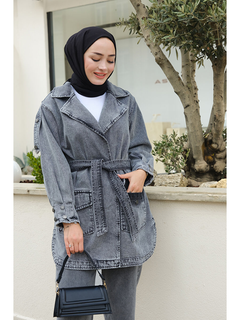 Locco Moda Füme Bel Bağlamalı Jean Ceket Füme