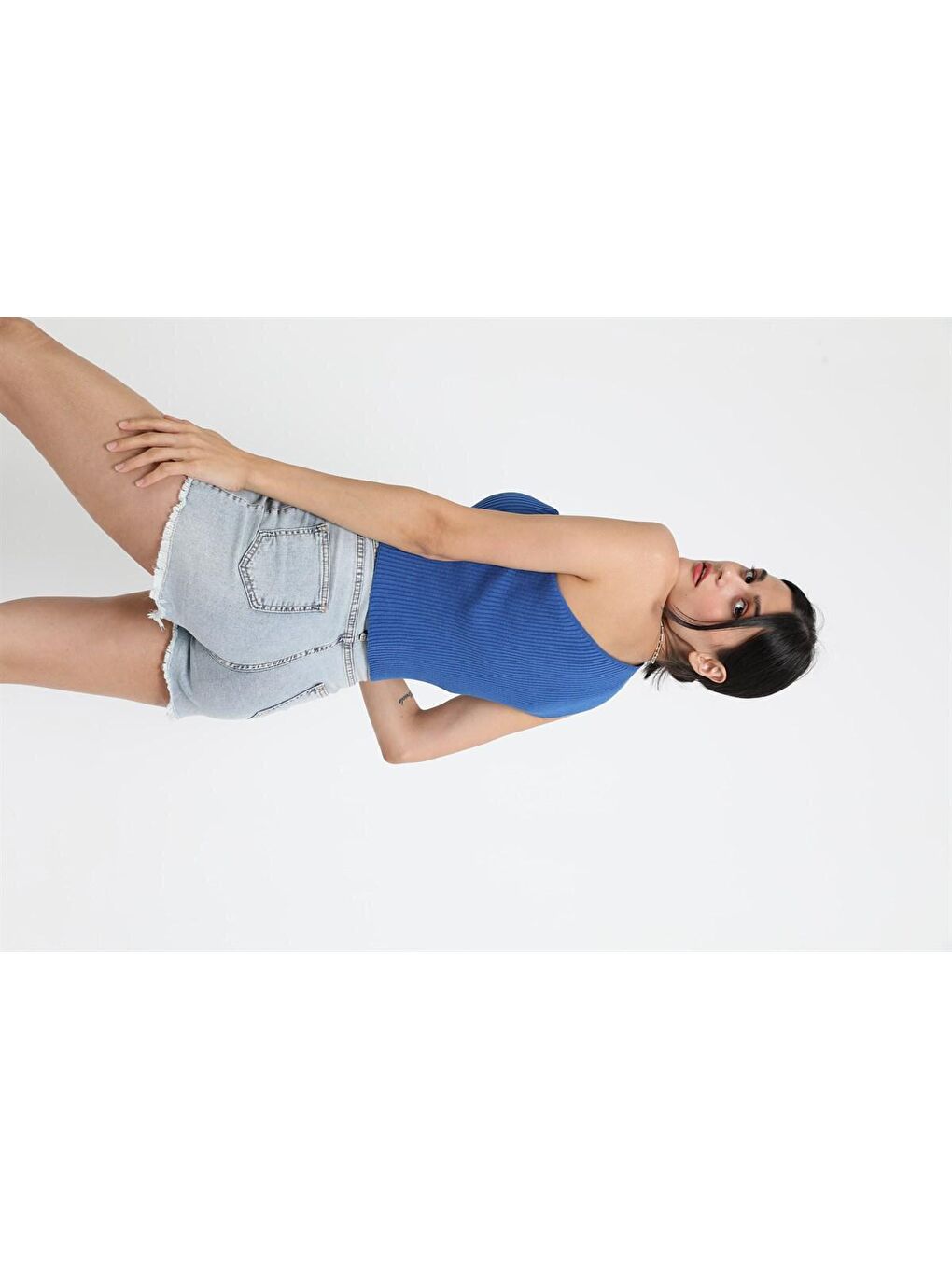 Mavi Saks Tek Omuz Triko Fitilli Atlet-1