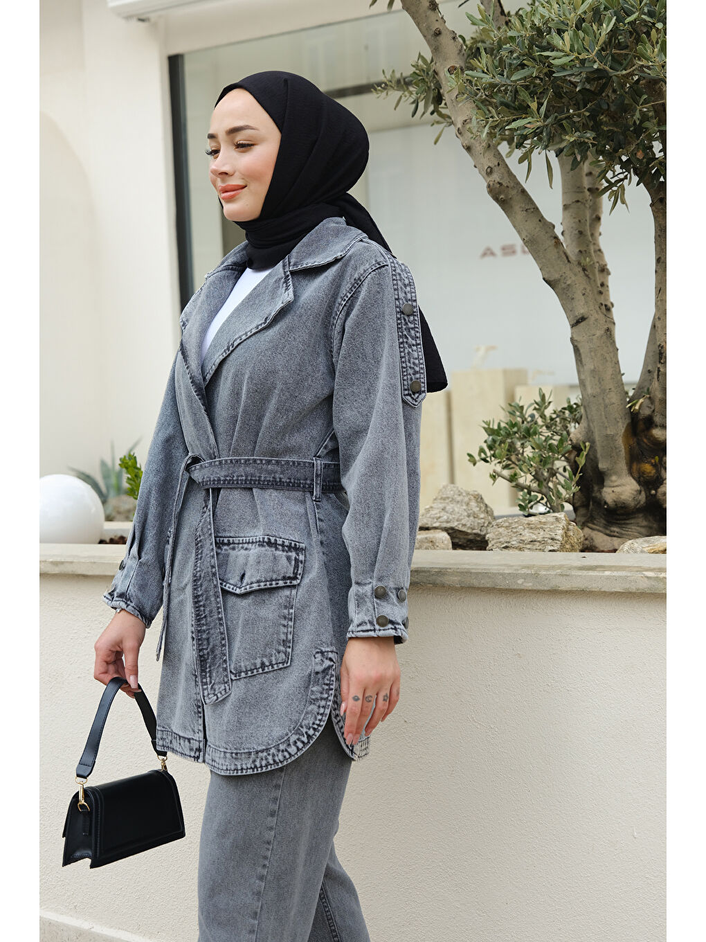 Locco Moda Füme Bel Bağlamalı Jean Ceket Füme - 2