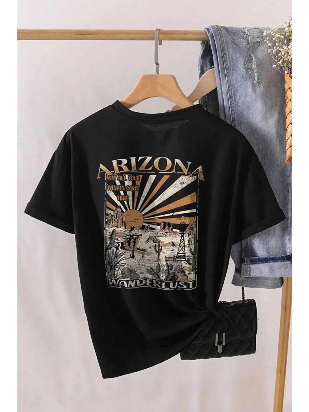 uyguntarz Siyah Unisex Sırt Baskılı Arizona Oversize Tshirt - 1