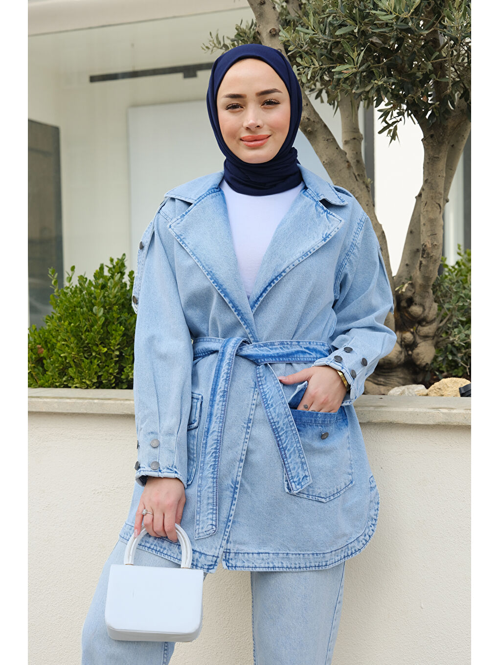 Locco Moda Buz Mavisi Bel Bağlamalı Jean Ceket Buz Mavi