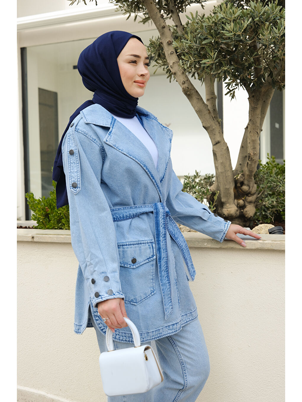 Locco Moda Buz Mavisi Bel Bağlamalı Jean Ceket Buz Mavi - 1