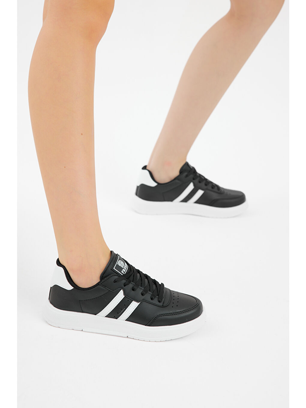 Unisex Siyah Beyaz Kalın Faylon Hafif Taban Şeritli Bağcıklı Spor Ayakkabı-2