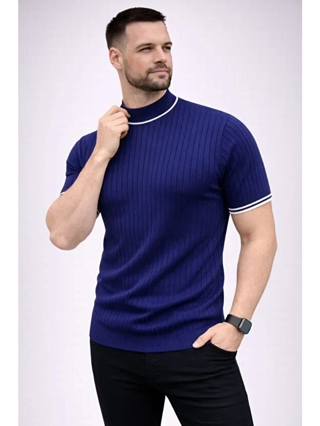 Lacivert Erkek Fitilli Triko Dokuma Kısa Kol Tişört