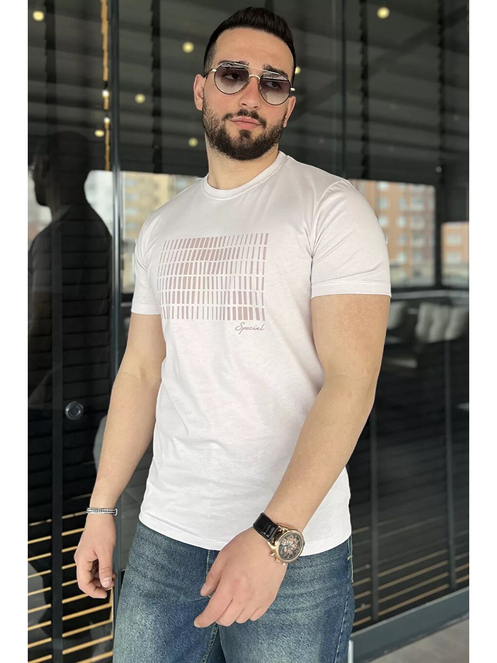 Pembe Erkek Bisiklet Yaka Baskılı Tişört