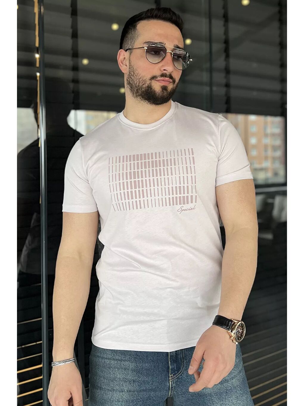 Pembe Erkek Bisiklet Yaka Baskılı Tişört-1