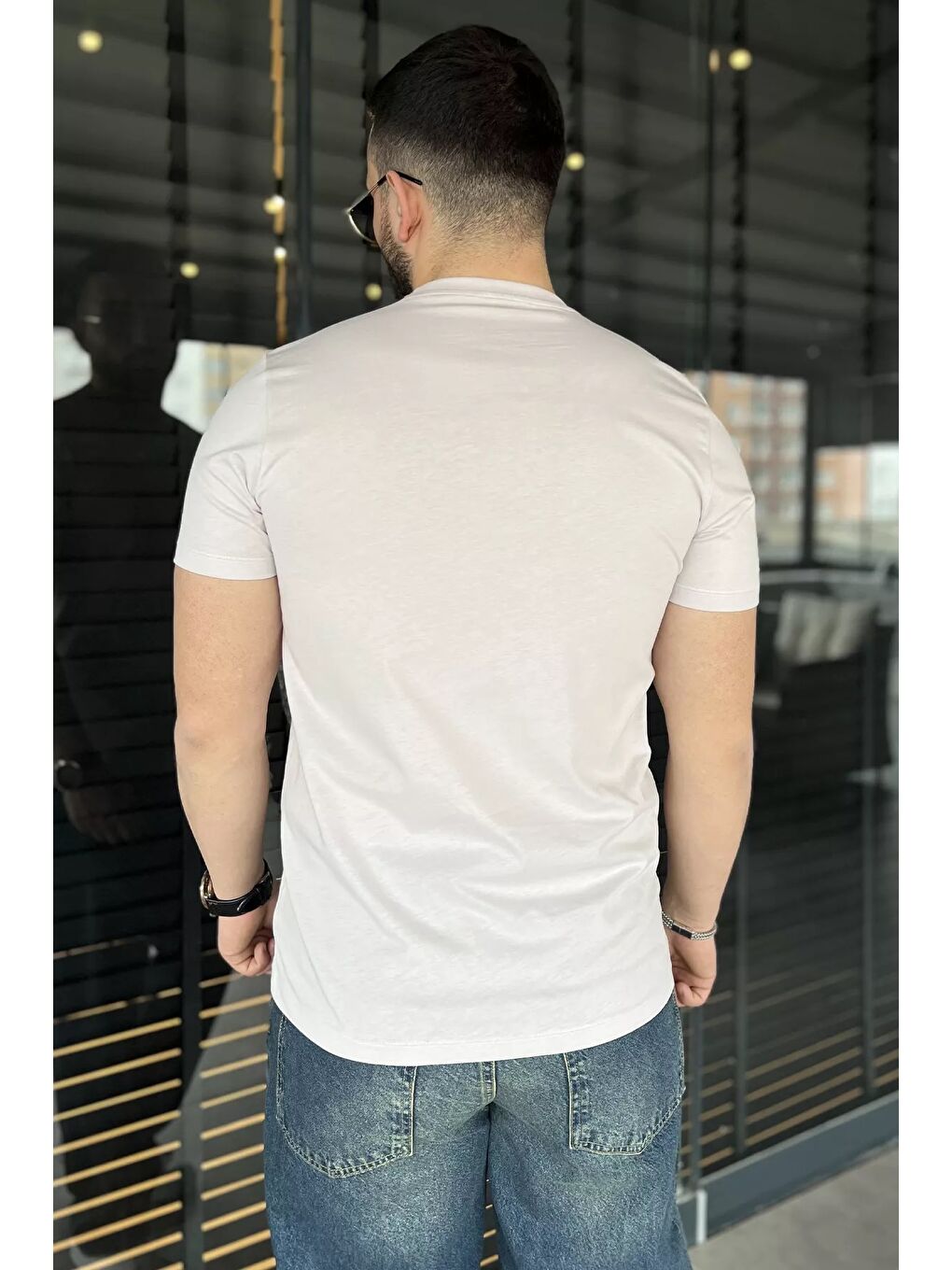 Pembe Erkek Bisiklet Yaka Baskılı Tişört-2