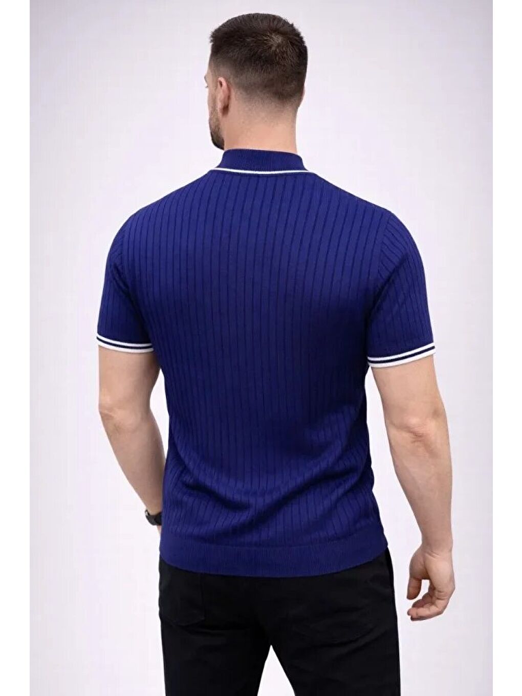 Lacivert Erkek Fitilli Triko Dokuma Kısa Kol Tişört-1