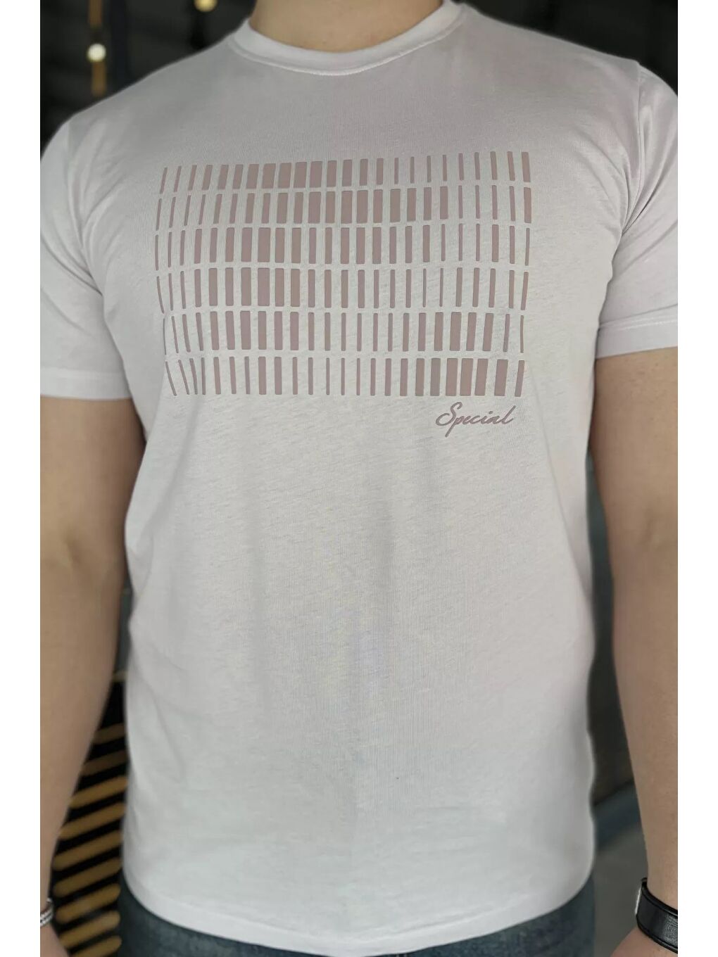 Pembe Erkek Bisiklet Yaka Baskılı Tişört-3