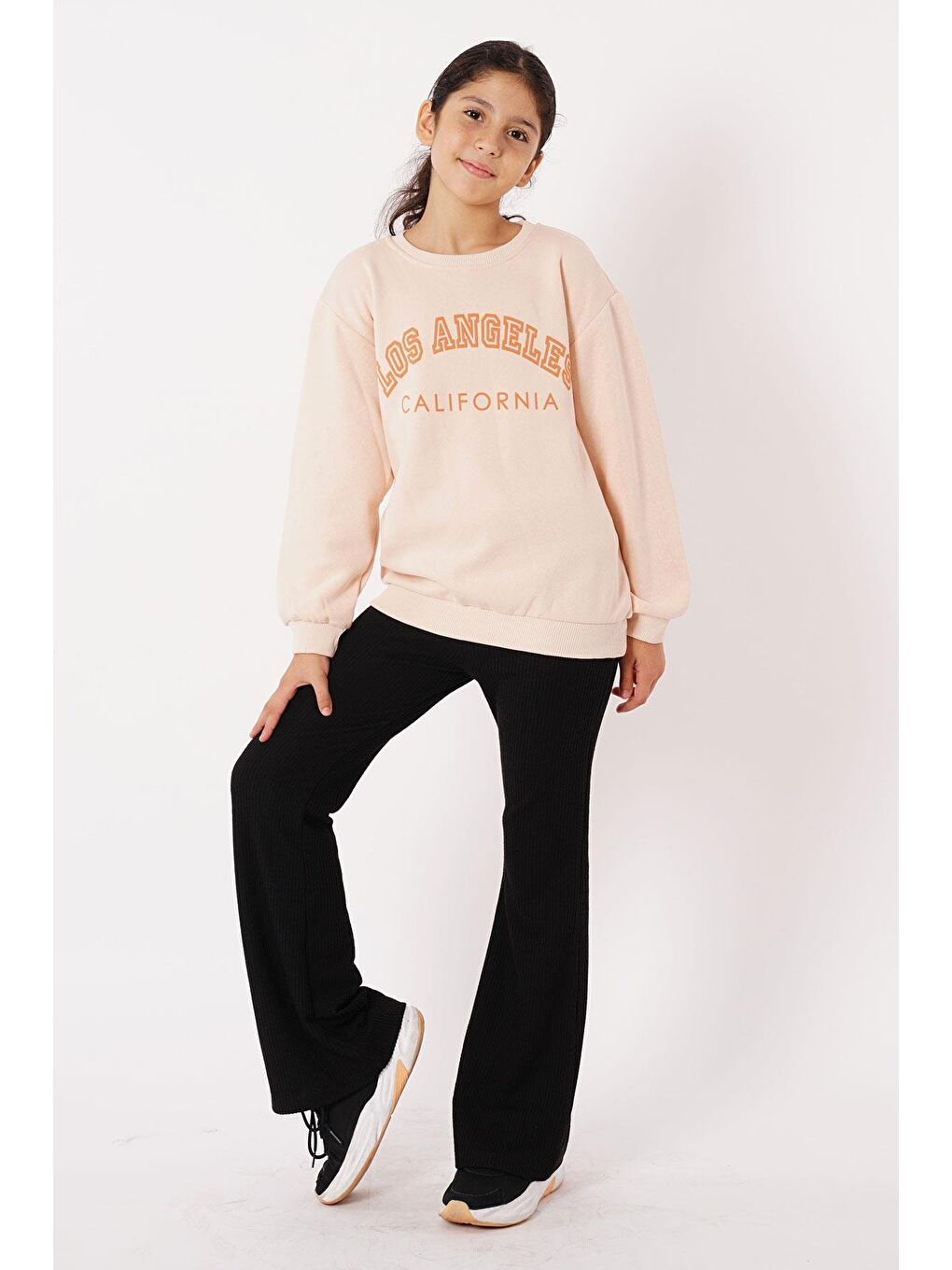 Bisiklet Yaka Uzun Kol Calıfornıa Yazı Baskılı Bej Renk Kız Çocuk Sweatshirt-1