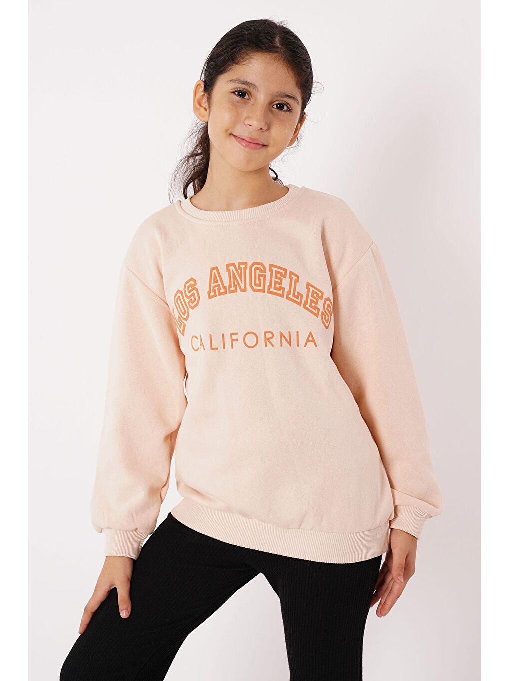 Bisiklet Yaka Uzun Kol Calıfornıa Yazı Baskılı Bej Renk Kız Çocuk Sweatshirt-2