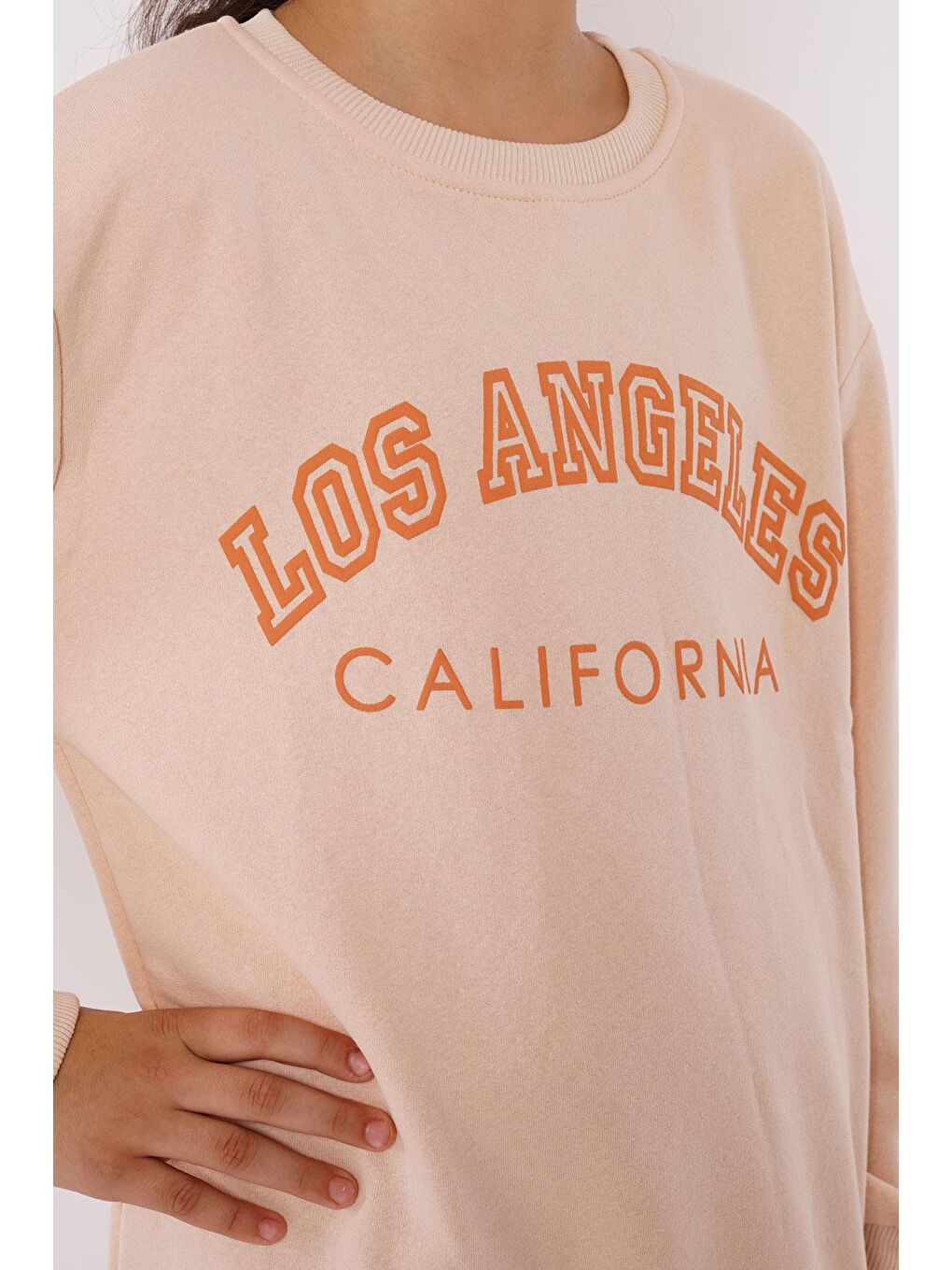 Bisiklet Yaka Uzun Kol Calıfornıa Yazı Baskılı Bej Renk Kız Çocuk Sweatshirt-3