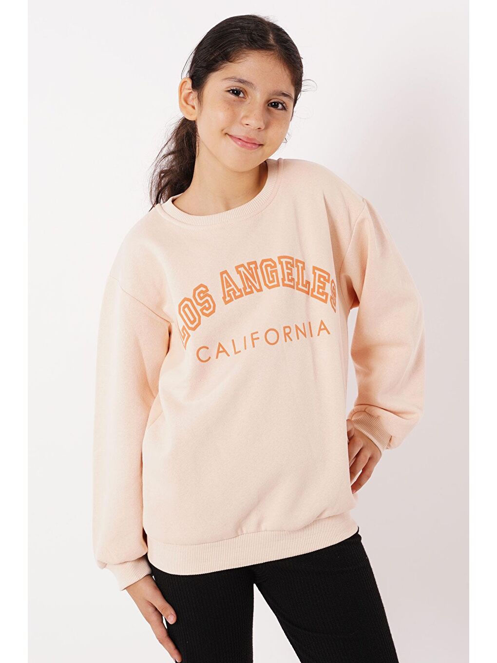 Bisiklet Yaka Uzun Kol Calıfornıa Yazı Baskılı Bej Renk Kız Çocuk Sweatshirt-4