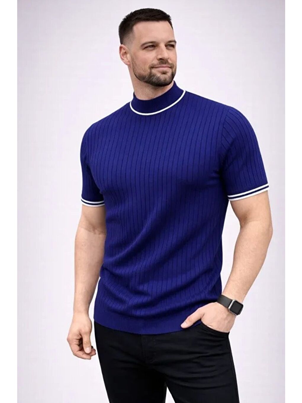 Lacivert Erkek Fitilli Triko Dokuma Kısa Kol Tişört-3