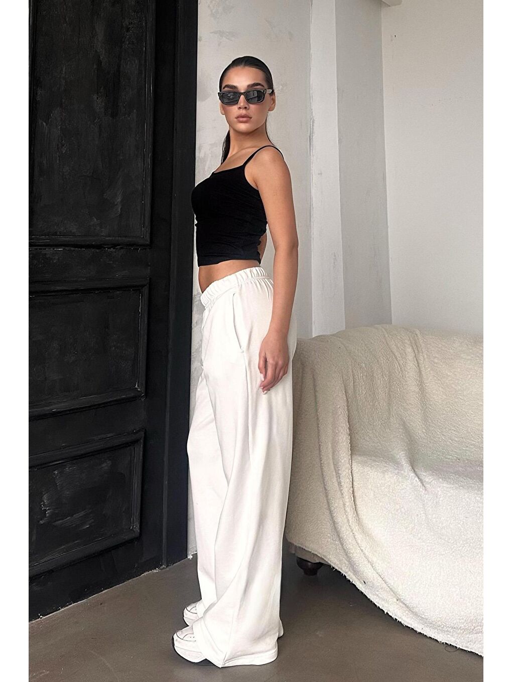 Beyaz Bol Paça Kadın Eşofman Altı Mg2279-3