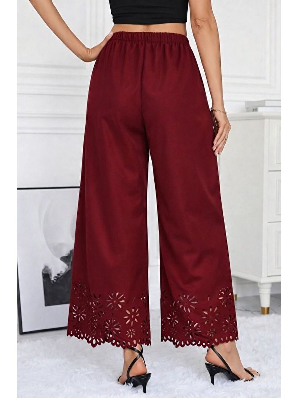 Bordo Kadın Yüksel Bel Beli Lastıklı çiçek Desenli Lazer Kesım Detaylı Ithal Krep Pantolon-2
