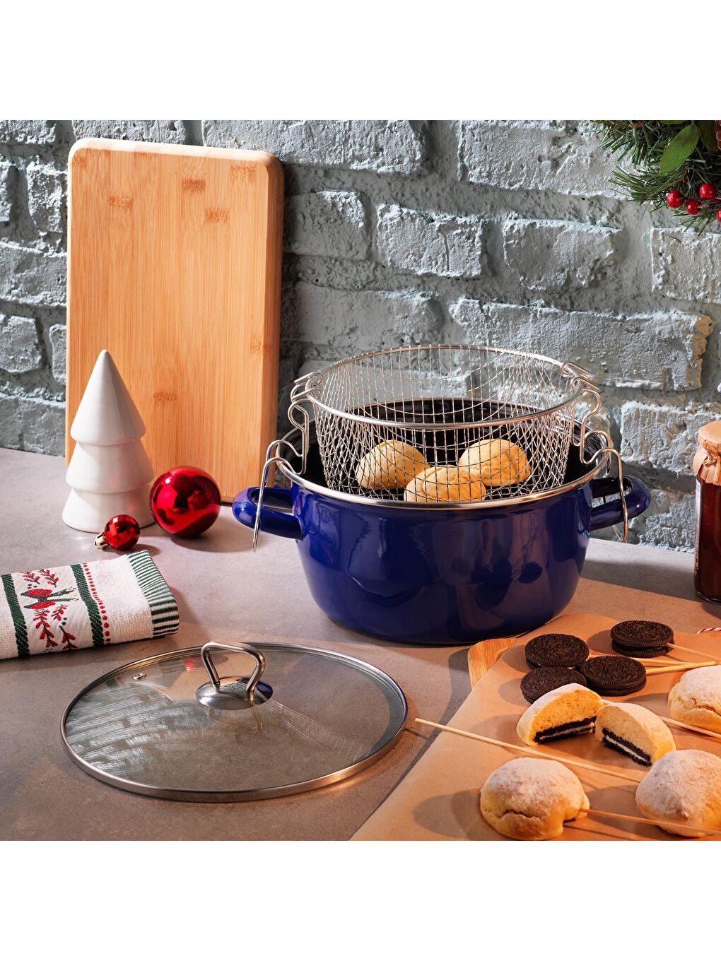 Fry Çıtır Kızartma Tenceresi 22 Cm-3 Parça-Lacivert