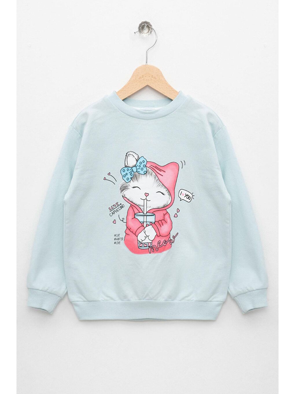 Turkuaz Bisiklet Yaka Uzun Kol Kedi Baskılı Su Yeşil Renk Kız Çocuk Sweatshirt