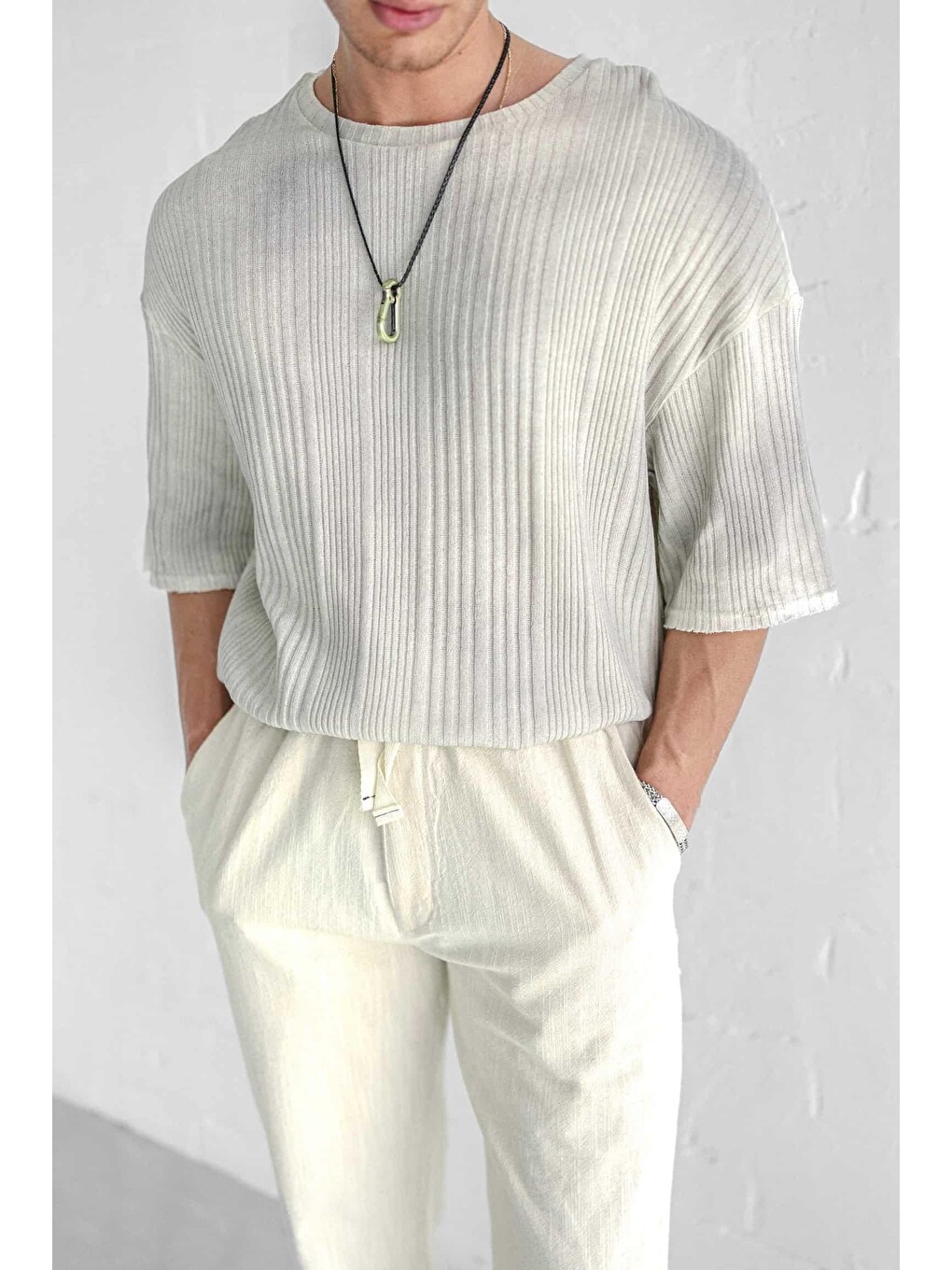 Erkek Super Oversize Desenli Triko Tişört Bej