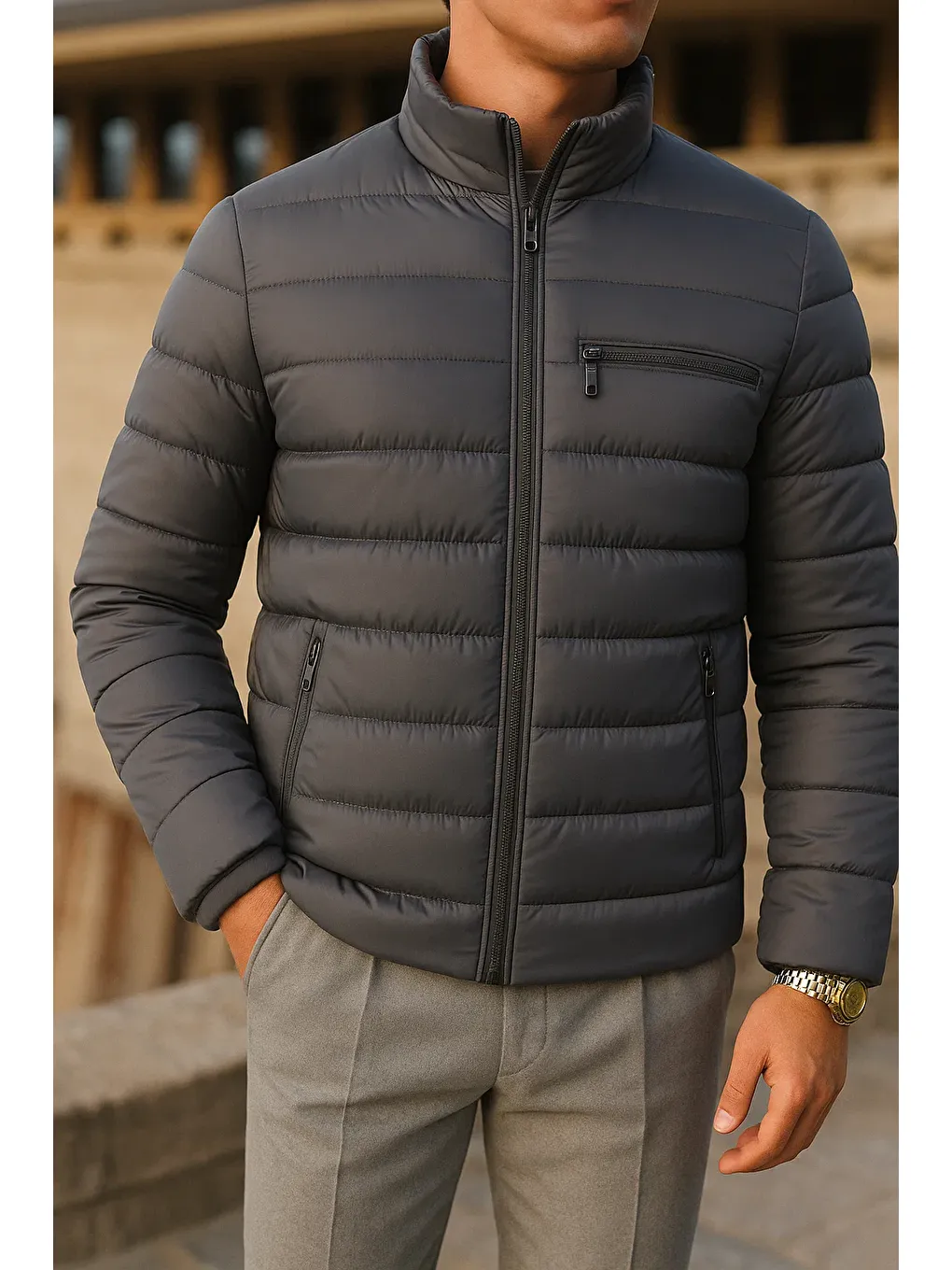 Gri Erkek Kışlık Comfort Trend Günlük Füme Şişme Mont